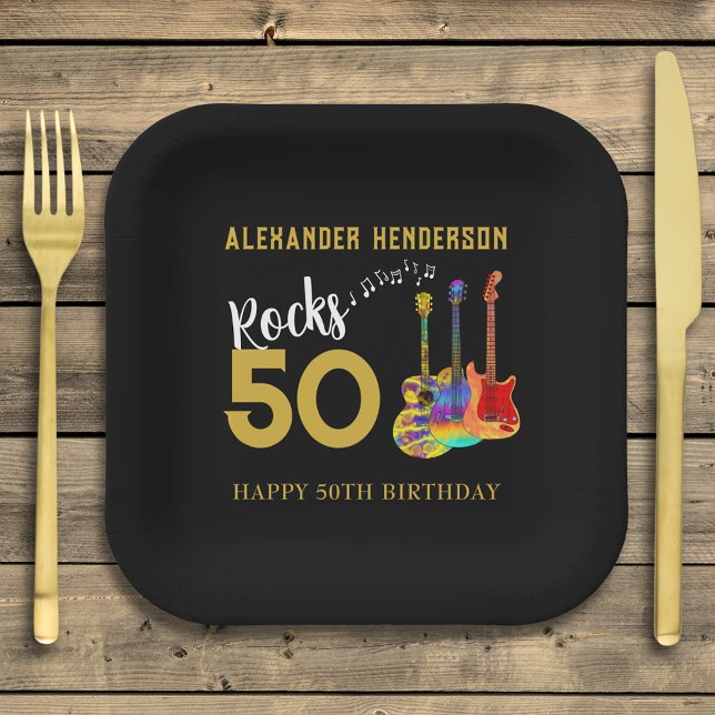 Rock and Roll 50. Geburtstagsparty Pappteller (Rock and roll 50th birthday party paper plates personalized for him cool funky guitars gold & black)