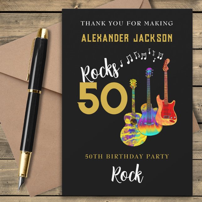 Rock and Roll 50e anniversaire Merci de fête (Rock and roll 50th birthday party thank you card funky guitars cool gold typography on black)