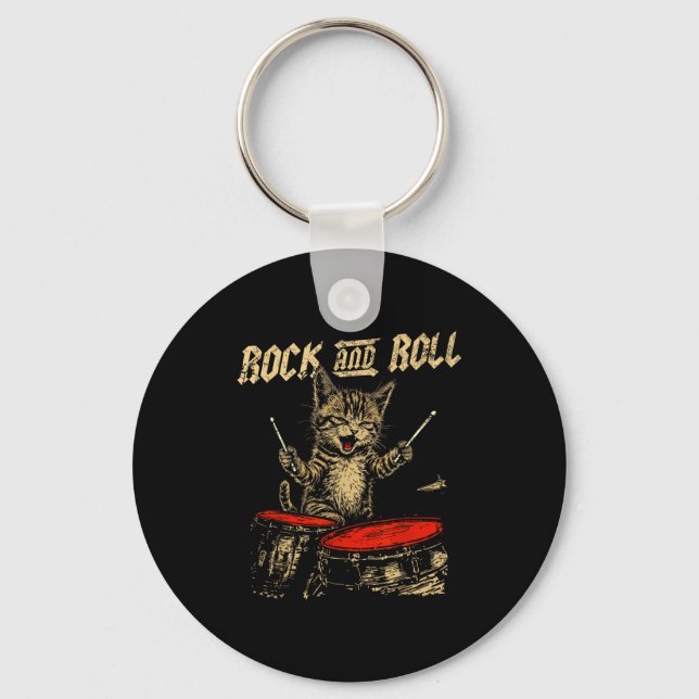 Rock And Roll Funny Cat Playing Drum For Men Women Schlüsselanhänger (Vorderseite)