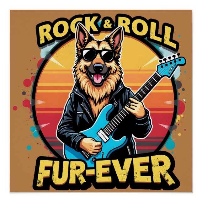 Rock and Roll German Shepherd Retro Sunset Art Poster (Vorderseite)