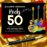 Rock and Roll Guitar 50. Geburtstag Gold Folieneinladung<br><div class="desc">Feiern Sie Ihren 50. Geburtstag im Rock and Roll-Stil mit dieser farbenfrohen, psychedelischen Gitarrenmusik personalisierte Schwarz-Gold-Einladung. Fügen Sie den Namen des Geburtstagsfeiers hinzu, um zu erklären, dass sie wirklich Rock 50 tun. Ein unterhaltsames musikalisches Design mit moderner Goldtypografie und musikalischen Noten für den Rockstar, der 50 im Rock'n'Roll-Stil will. Einzigartiges...</div>