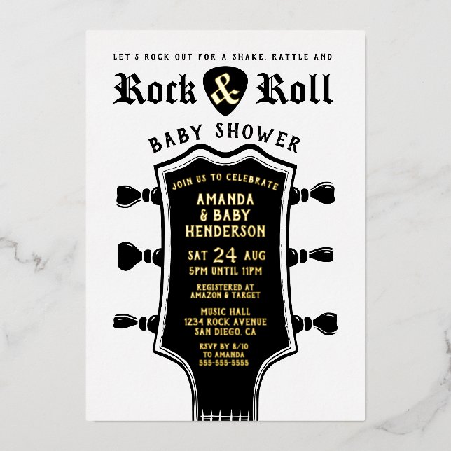 Rock and Roll Guitar Baby Dusche Folieneinladung (Vorderseite)