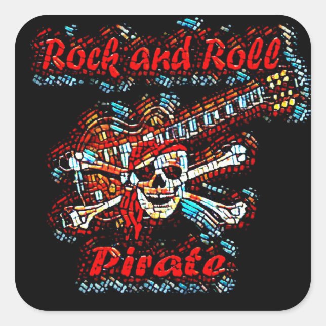 Rock and Roll Guitar Pirate Skull Quadratischer Aufkleber (Vorderseite)