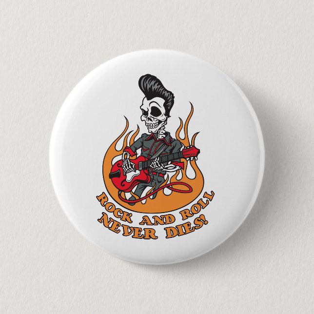 Rock-and-Roll stirbt nie Skeleton Gitarre Button (Vorderseite)