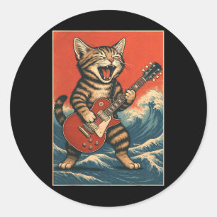 Rock And Roll Surfer-Gitarrist Lustiger Katzenlieb Runder Aufkleber