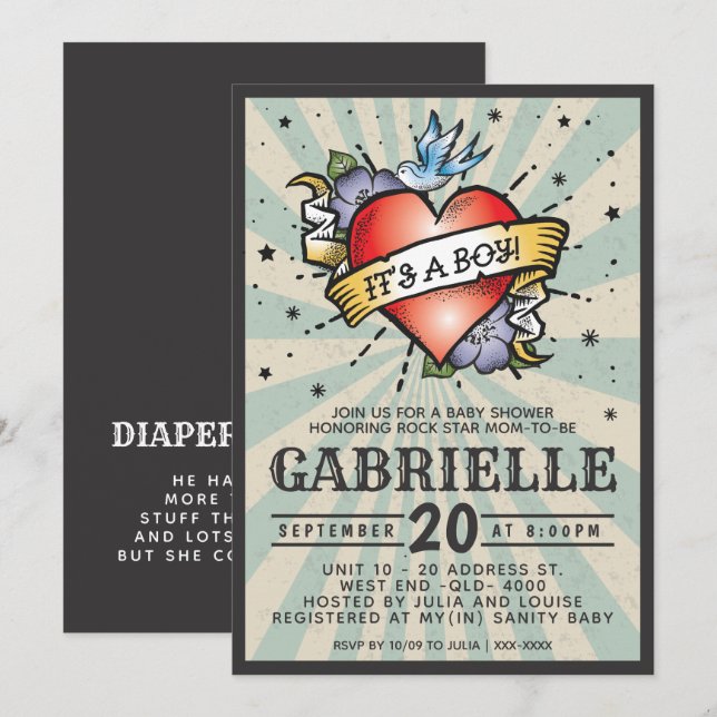 Rock and Roll Tattoo Kinderdusche Einladung (Vorne/Hinten)
