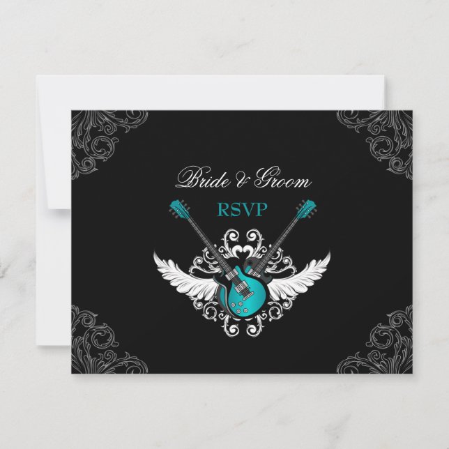 Rock and Roll Wedding Aquamarin Black RSVP card (Vorderseite)