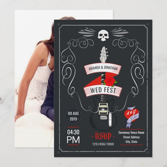 Rock and Roll Wedding Chalkboard Foto Einladung (Vorne/Hinten)
