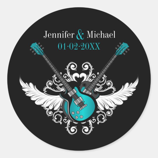 Rock and Roll Wedding Guitars Aquamarin Black Aufk Runder Aufkleber (Vorderseite)