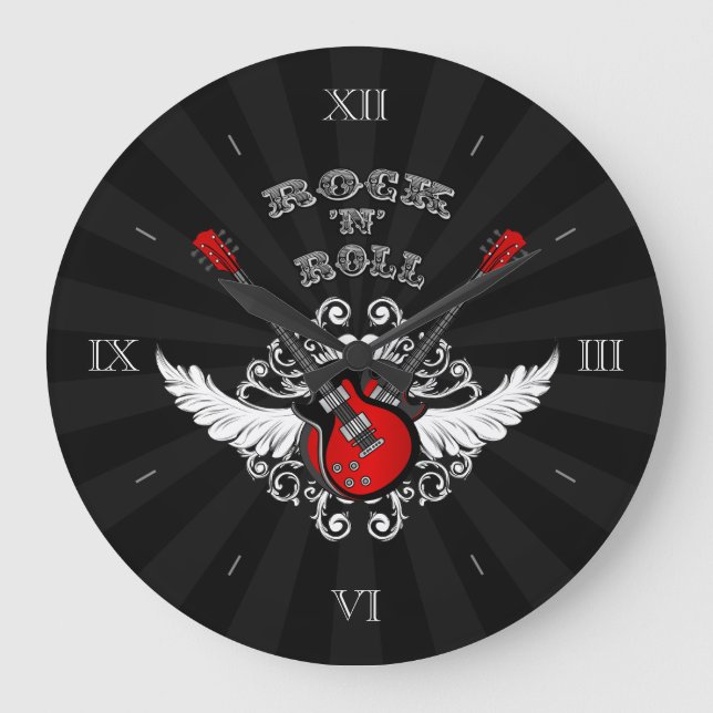 Rock and Roll Winged Guitars Wall Clock Große Wanduhr (Vorderseite)
