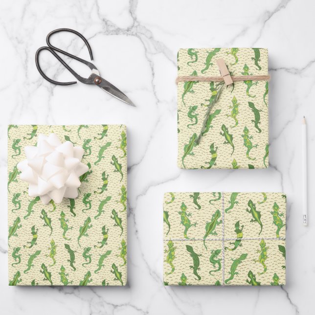 Rock Climbing Geckos auf gelb - nahtlos Muster. Geschenkpapier Set (Vorderseite)