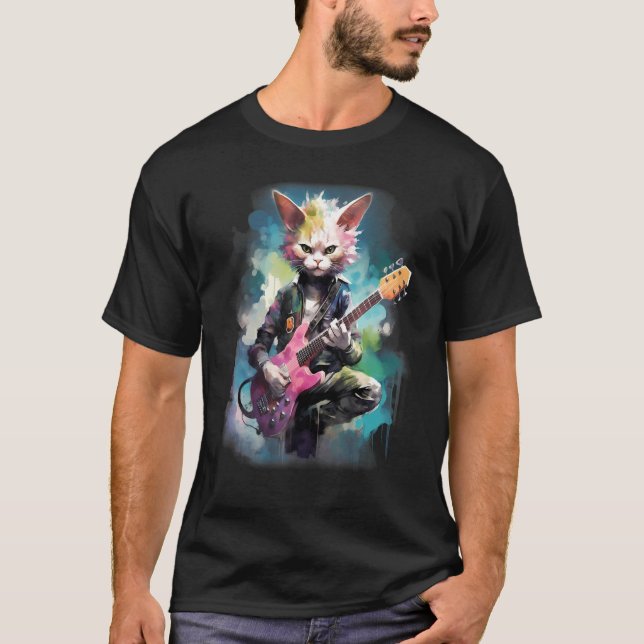 Rock Guitar Devon Rex Cat Guitarist T-Shirt (Vorderseite)