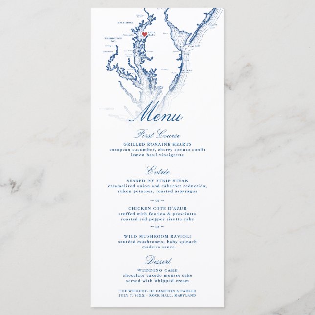 Rock Hall Maryland Map Elegant Navy Blue Wedding Menükarte (Vorderseite)