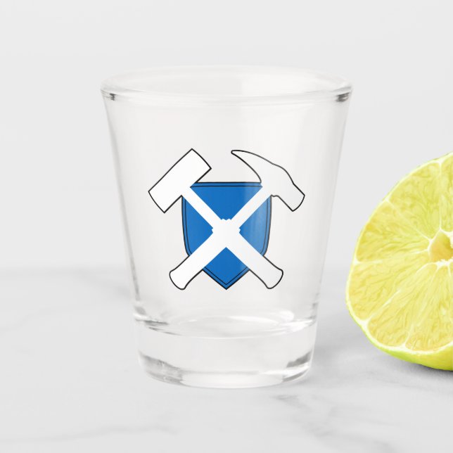 Rock-Hammer-Logo des Geologen mit der Flagge Schot Schnapsglas (Vorderseite)