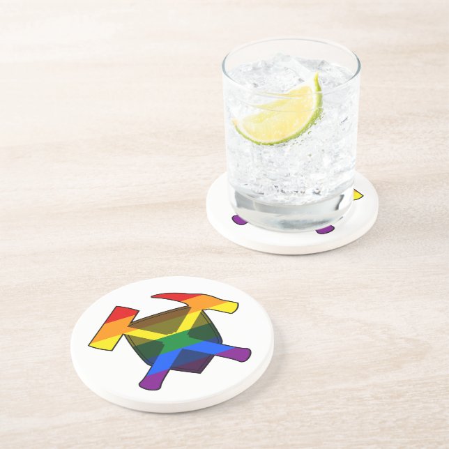 Rock-Hammer-Logo des Geologen mit LGBT-Regenbogen Getränkeuntersetzer (Seite)