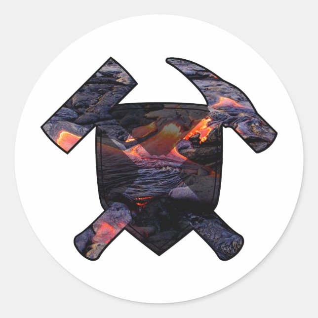Rock Hammer und Lava Flow Logo des Geologen Runder Aufkleber (Vorderseite)