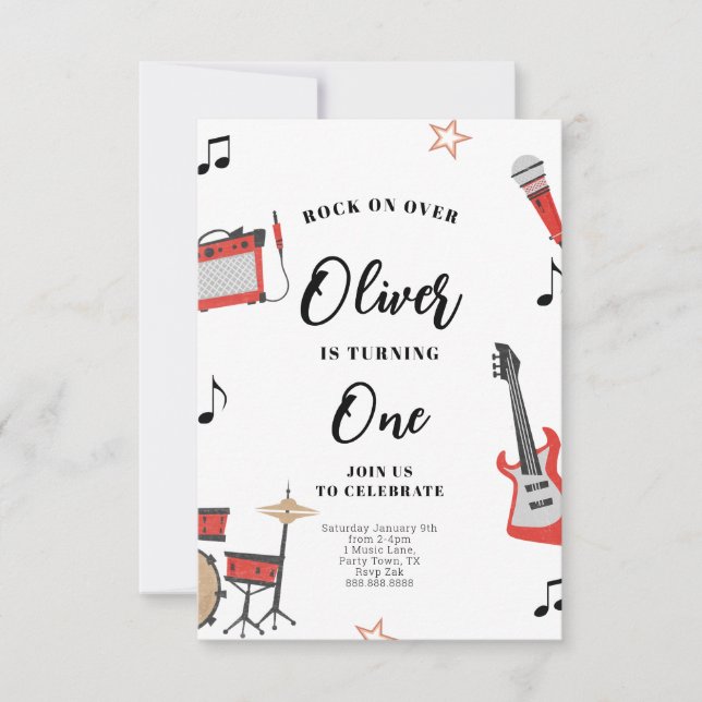 Rock Music Birthday Einladung Gitarre und Trommeln (Vorderseite)