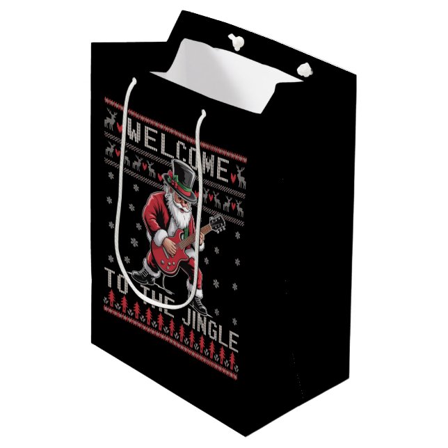 Rock n Roll Christmas Rocker Santa Ugly Christmas  Mittlere Geschenktüte (Vorderseite Schrägansicht)