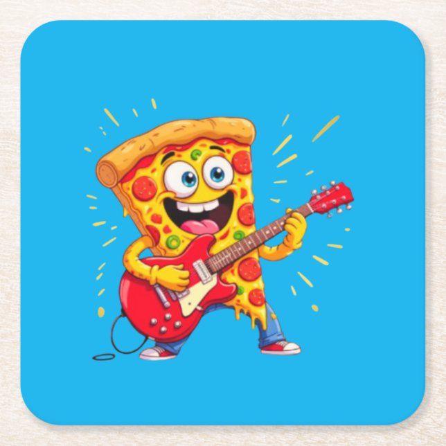 **Rock ’n’ Roll Pizza – Funny Guitar-Playing Slice Rechteckiger Pappuntersetzer (Vorderseite)
