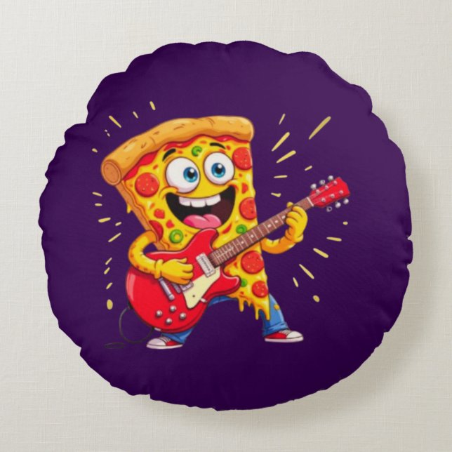**Rock ’n’ Roll Pizza – Funny Guitar-Playing Slice Rundes Kissen (Vorderseite)