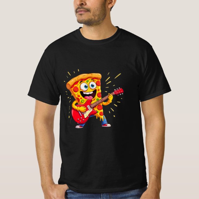 **Rock ’n’ Roll Pizza – Funny Guitar-Playing Slice T-Shirt (Vorderseite)