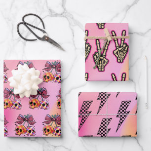 Rock n Roll Rosa Totenköpfe Skeletthand Halloween Geschenkpapier Set