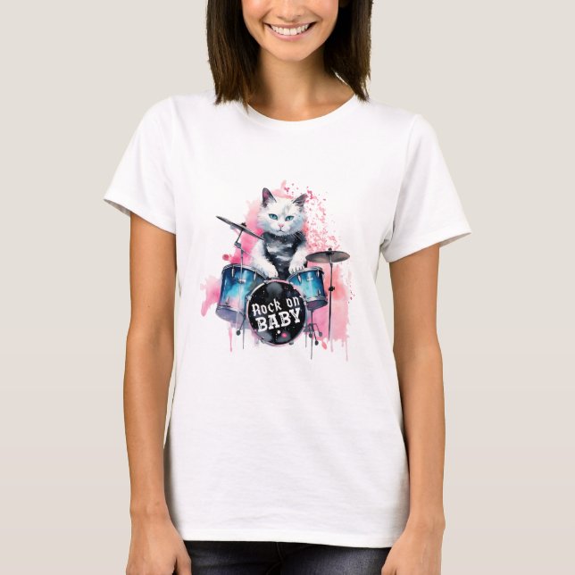 Rock on Drummer Kitty T-Shirt (Vorderseite)