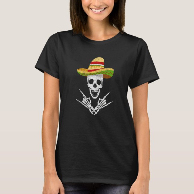 Rock On Mexican Skeleton Sombrero Dia De Los Muert T-Shirt (Vorderseite)
