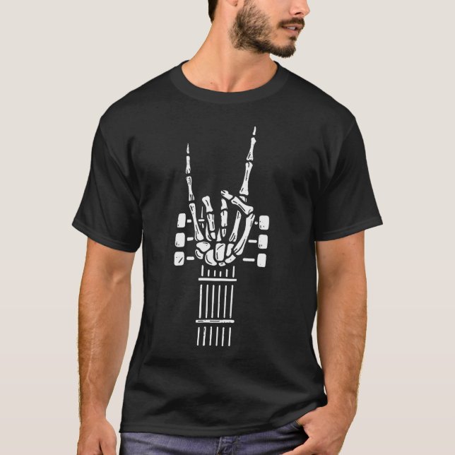 Rock On Skeleton Hand Guitar Guitarist Funny Music T-Shirt (Vorderseite)