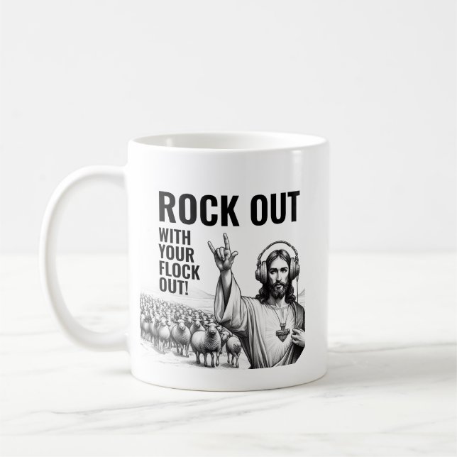 Rock Out mit deiner Herde Out! - Lustiges Jesus Me Kaffeetasse (Links)