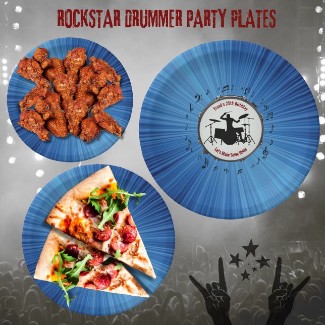 Rock Out mit Drummer Birthday Party Paper Tellern Pappteller (Rock Out with Blue Color Burst Drummer Birthday Party Paper Plates)