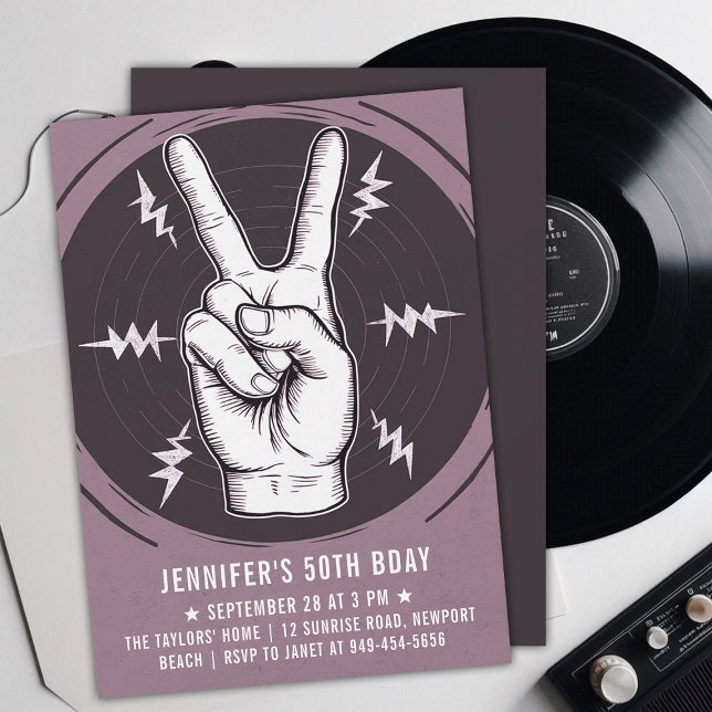 Rock Party Peace Sign Pink Adult Moderner Geburtst Einladung (music musician rock adult birthday party invitation men modern lavender pink peace sign drawing)