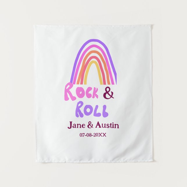 Rock & Roll Hochzeit fügen Pärchenname Retro Regen Wandteppich (Vorderseite)