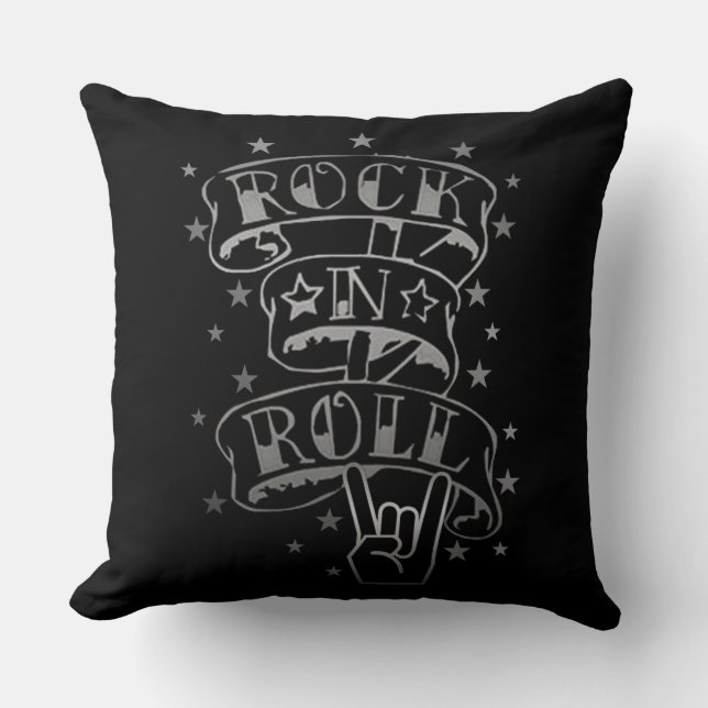 Rock & Roll-Logokombination für Schwarz und Silber Kissen (Vorderseite)