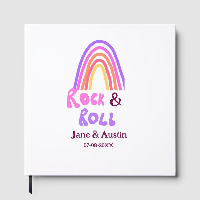 Rock & roll wedding add couple name retro rainbow  gästebuch (Vorderseite)