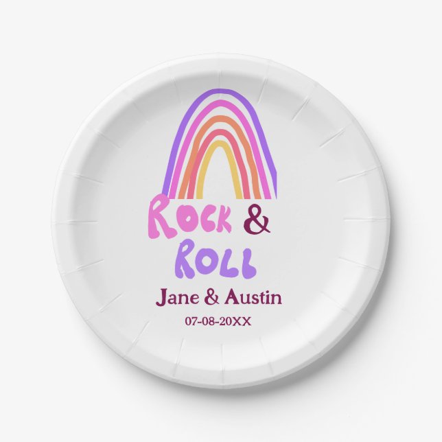 Rock & roll wedding add couple name retro rainbow  pappteller (Vorderseite)