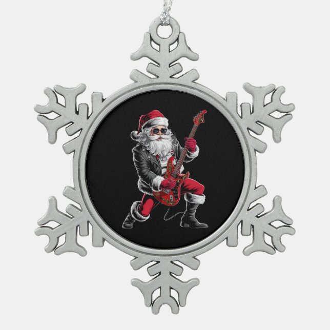 Rock & Roll Weihnachtsmann-Claus Gitarrist Schneeflocken Zinn-Ornament (Vorderseite)
