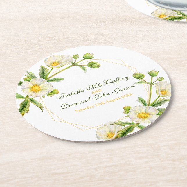 Rock Rose Aquarellfarben Botanica Hochzeit Runder Pappuntersetzer (Angewinkelt)