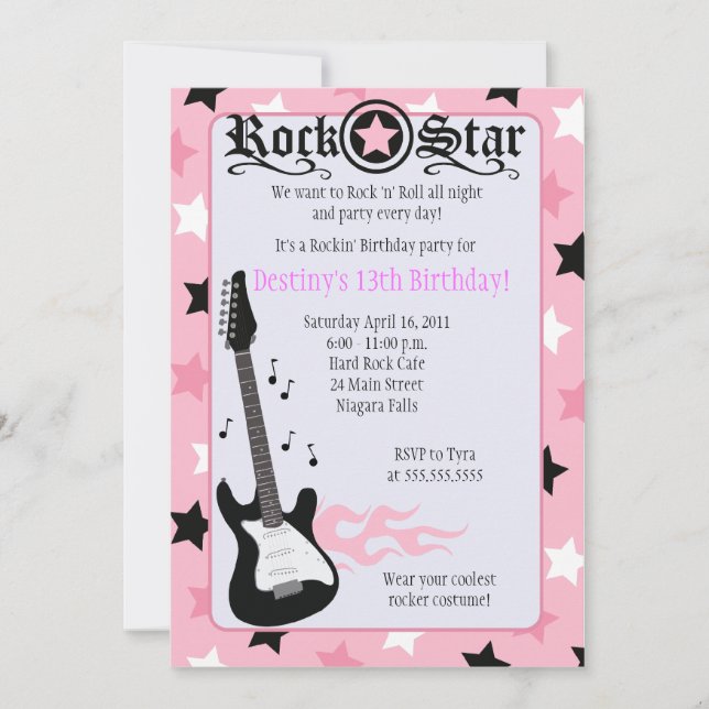 ROCK STAR 12x18 Pink Rocker Einladung zum Geburtst (Vorderseite)
