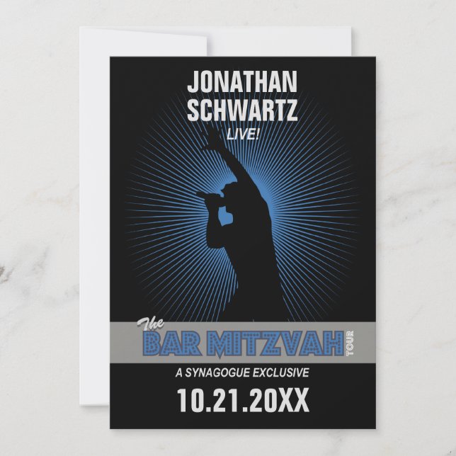 Rock Star Bar Mitzvah in Black Silver Blue Einladung (Vorderseite)