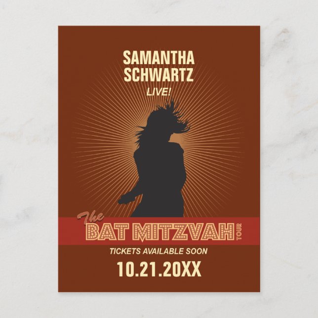 Rock Star Bat Mitzvah Save the Date in Brown Ankündigungspostkarte (Vorderseite)