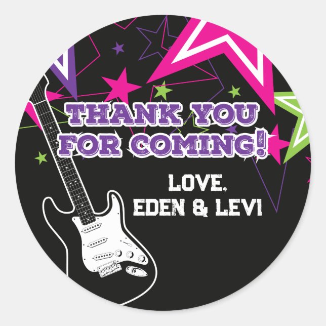 Rock Star Birthday Gitarre Stars Pink Lila Klasse Runder Aufkleber (Vorderseite)
