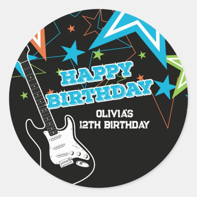 Rock Star Birthday Guitar Stars Blue Orange Runder Aufkleber (Vorderseite)