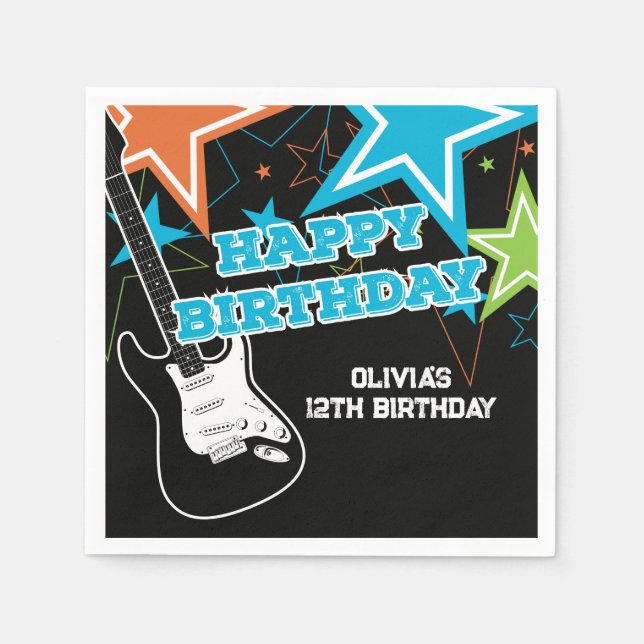 Rock Star Birthday Guitar Stars Blue Orange Serviette (Vorderseite)