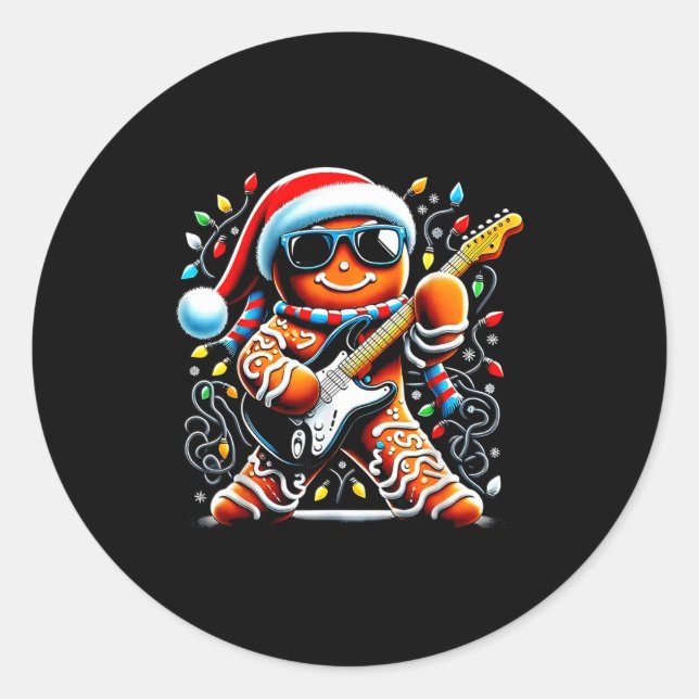 Rock Star Gingerbread Christmas Guitar Lights Men  Runder Aufkleber (Vorderseite)
