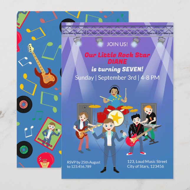 Rock Star Girl Band Geburtstagsparty Einladung (Vorne/Hinten)