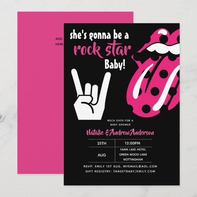 ROCK STAR Girls Babydusche Hot Pink Moderne Musik Einladung (Vorne/Hinten)
