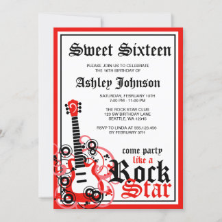 Rock Star Gitarre Sweet 16 Geburtstagsparty Red Einladung