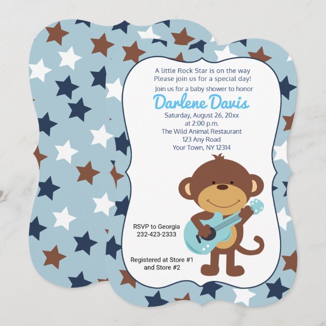 Rock Star Monkey Guitar Boy Baby Dusche Einladung (Vorne/Hinten)