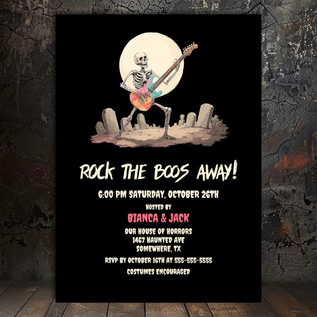 Rock the Boos Away Skeleton Halloween-Party Einladung (Von Creator hochgeladen)